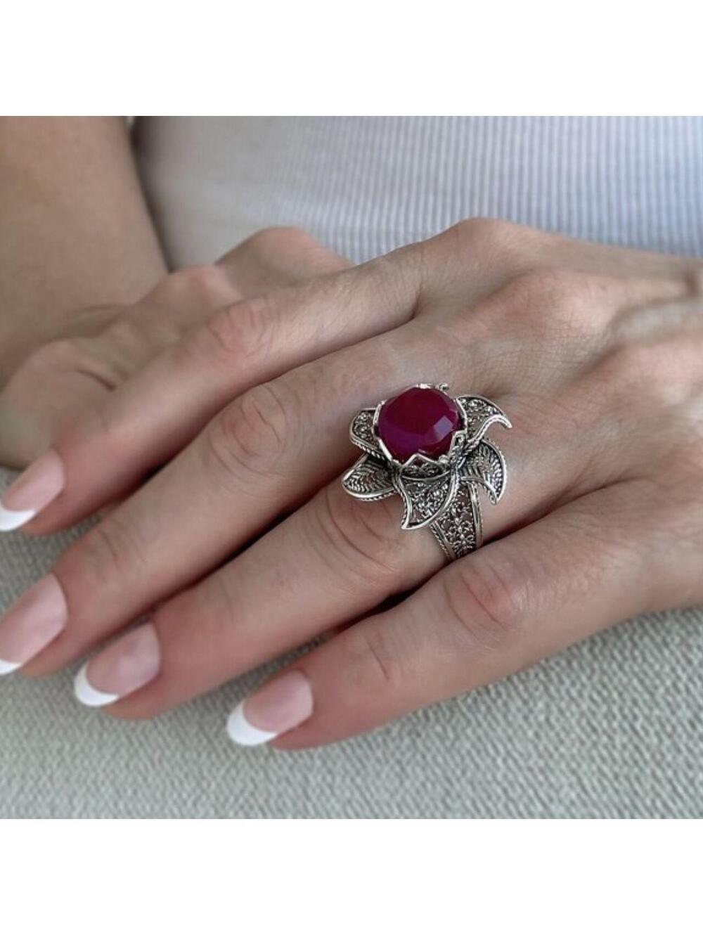 Art Lotus Flower Ruby Corundum Gemstone Women Silver Ring